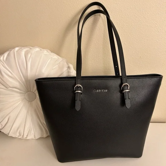 CALVIN KLEIN Black Pebbled Faux Leather Tote Shoulder Bag NWOT - Picture 4 of 12